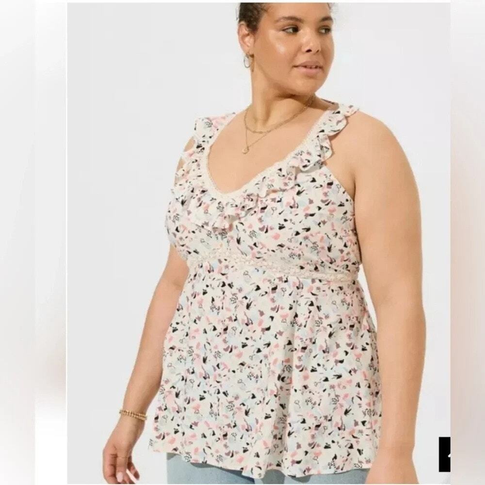 Torrid White Geo Print Challis Ruffle Crochet V-Neck Sleeveless Boho Top 3X